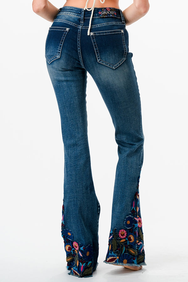 Flare Embroidery Hems Mid-Rise Flare Jeans