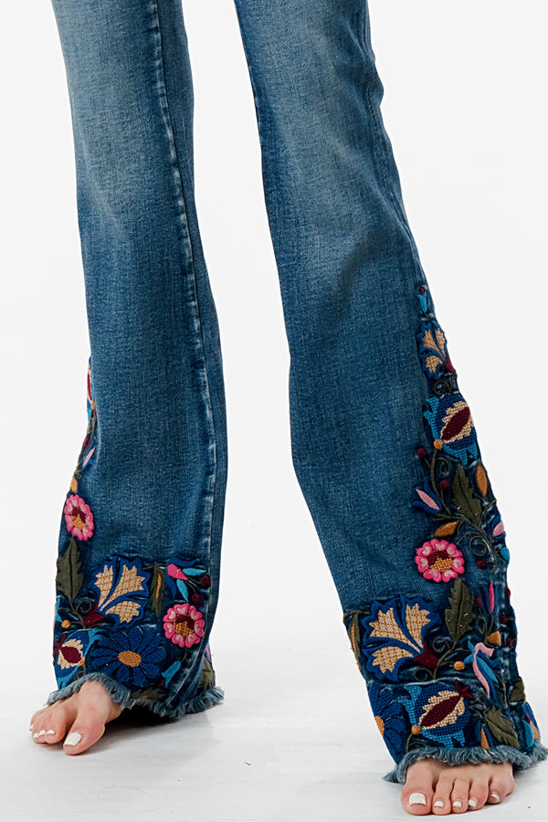 Flare Embroidery Hems Mid-Rise Flare Jeans