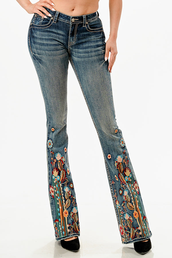 Floral Embroidery  Mid-Rise Flare Jeans