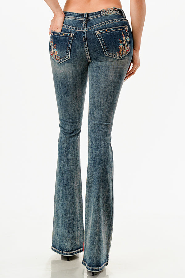 Floral Embroidery  Mid-Rise Flare Jeans