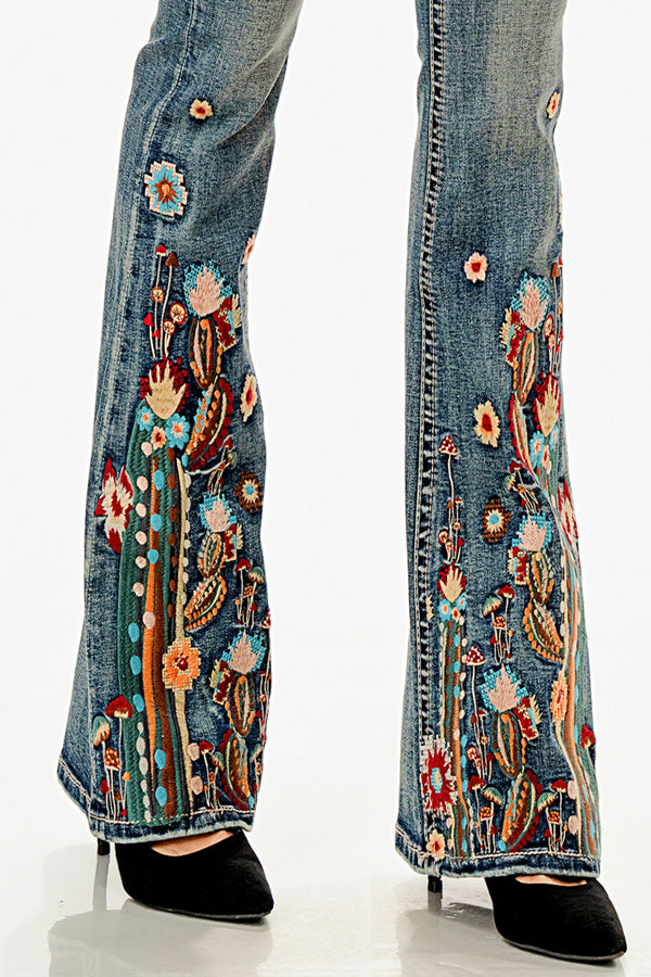 Floral Embroidery  Mid-Rise Flare Jeans