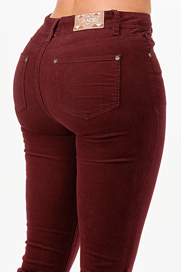 Burgundy Color Corduroy Fabric Mid rise Flare Jeans