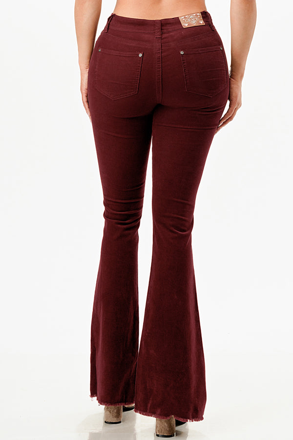 Burgundy Color Corduroy Fabric Mid rise Flare Jeans