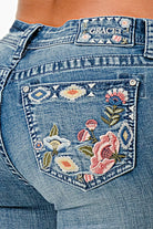 Grace in LA womens bootcut jeans in a medium blue denim featuring a classic five-pocket design and subtle whiskering at the hips.