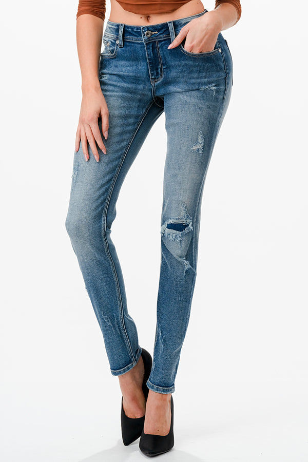 Basic 5 Pockets Light Blue Mid Rise Skinny Jeans