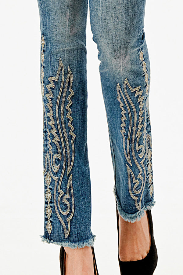 Western Boots Embroidered Mid Rise Bootcut Jeans