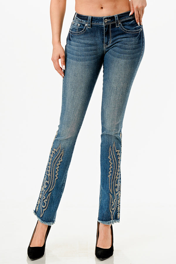 Western Embroidered Mid Rise Straight Leg Jeans