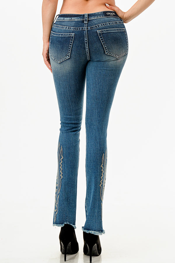 Western Embroidered Mid Rise Straight Leg Jeans