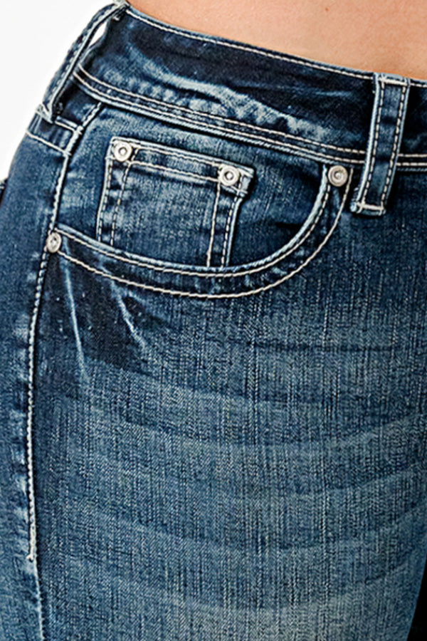 Western Embroidered Mid Rise Straight Leg Jeans