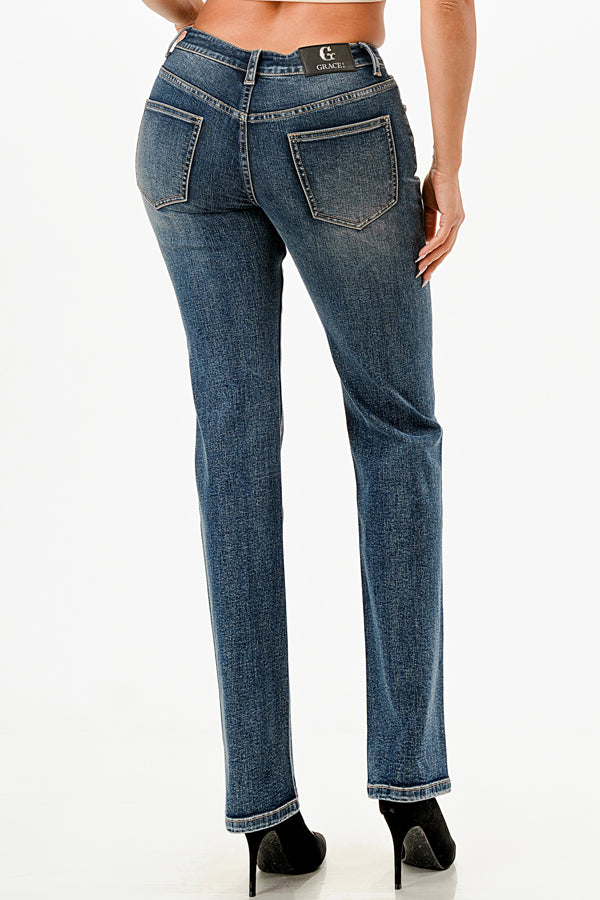 The Stuns Trim Detail  Med Blue Mid Rise Straight Leg Jeans