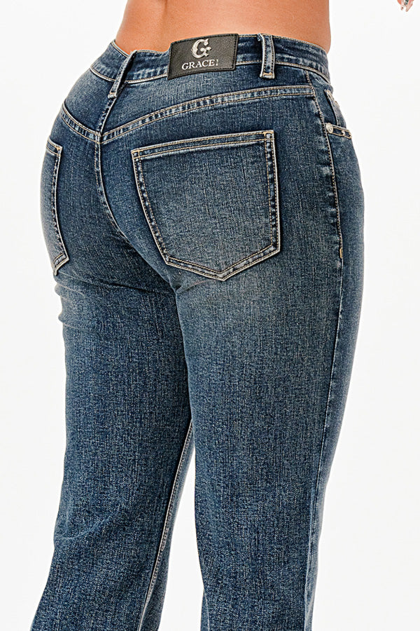 The Stuns Trim Detail  Med Blue Mid Rise Straight Leg Jeans