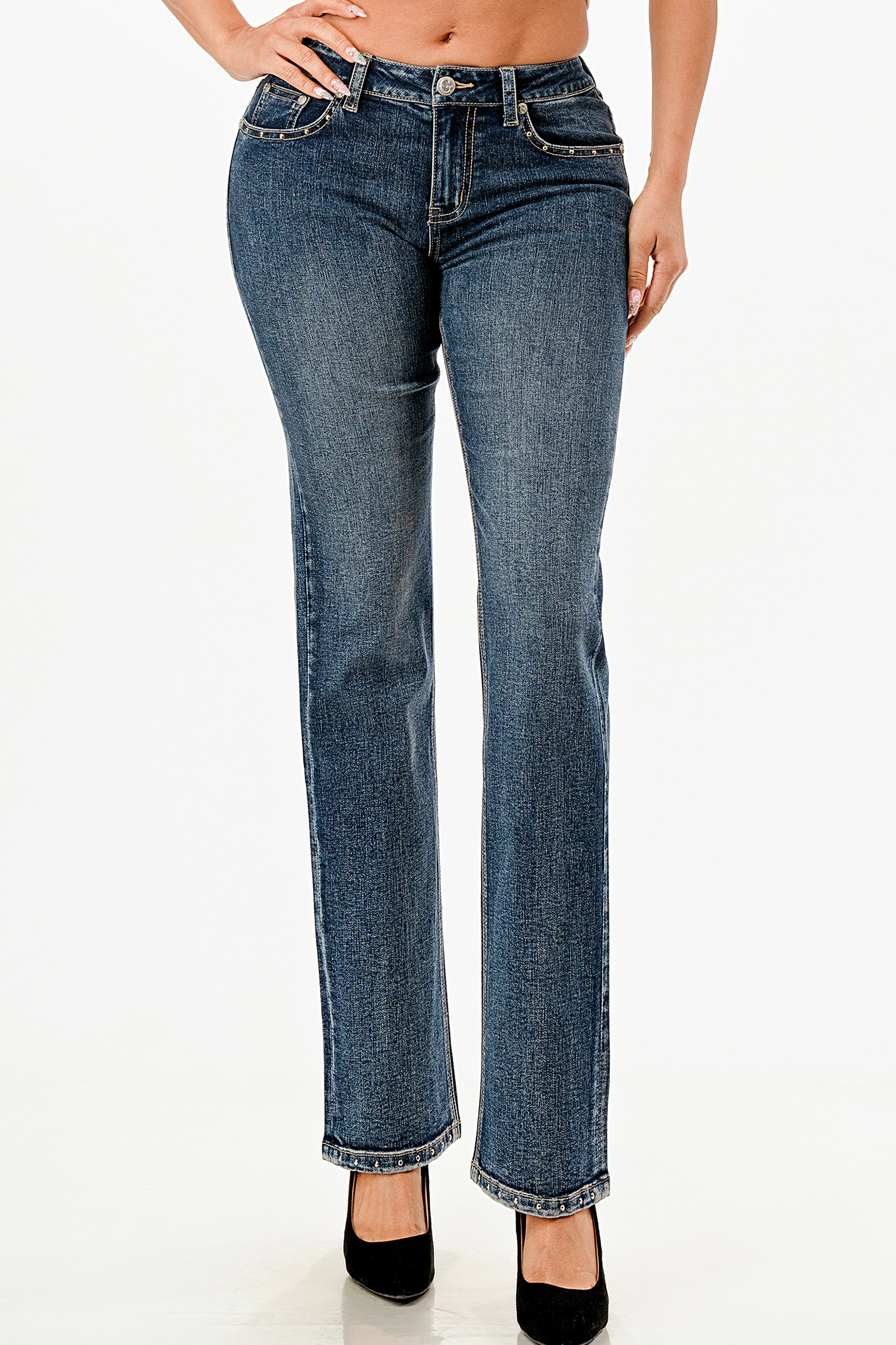 The Stuns Trim Detail  Med Blue Mid Rise Straight Leg Jeans