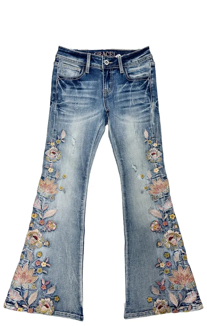 Embroidered Light Blue Floral Motif Girls Flare Jeans