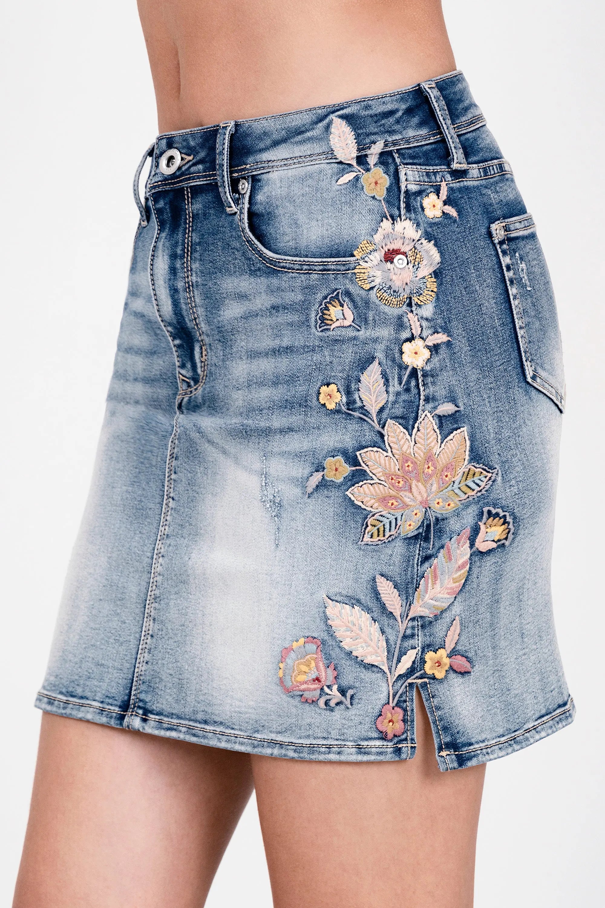 Feather Colorful Embroidered Denim Skirt Grace in LA - Denim