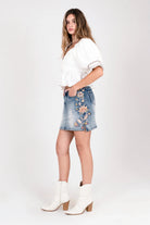 Feather Colorful Embroidered Denim Skirt Grace in LA - Denim