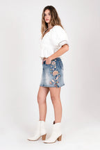 Feather Colorful Embroidered Denim Skirt Grace in LA - Denim