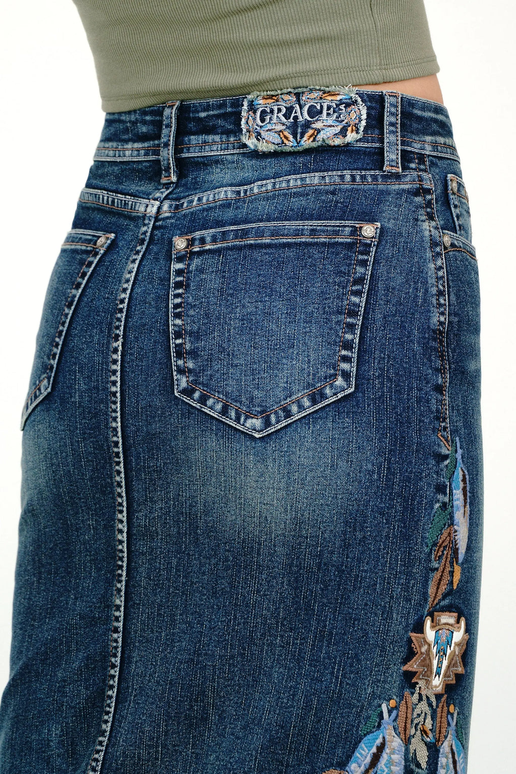 Feather Colorful Embroidery Denim Skirt Grace in LA - Denim