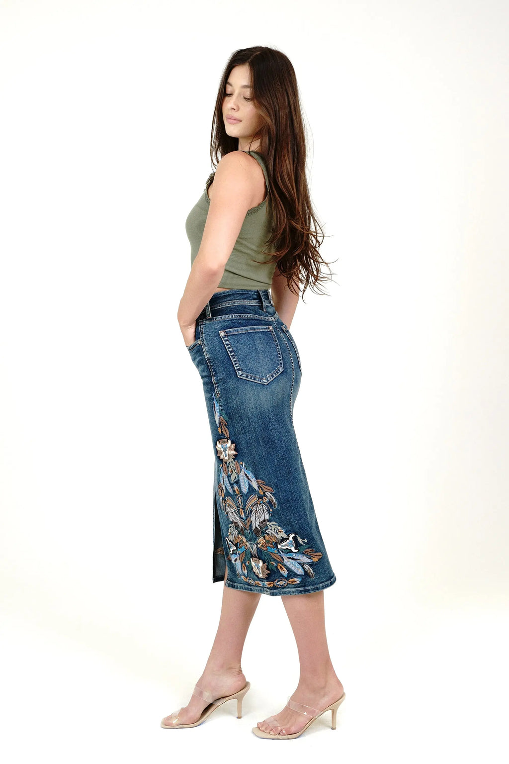 Feather Colorful Embroidery Denim Skirt Grace in LA - Denim