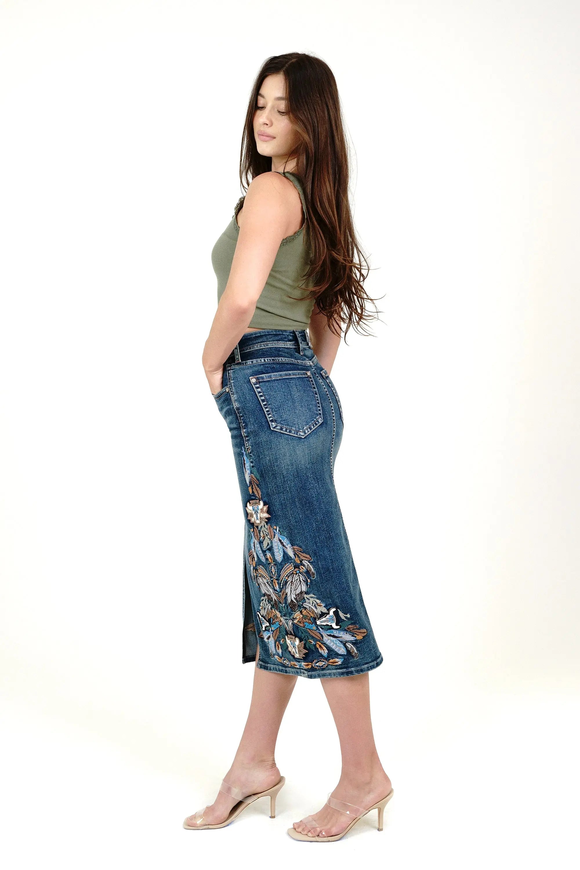Feather Colorful Embroidery Denim Skirt Grace in LA - Denim