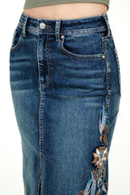 Feather Colorful Embroidery Denim Skirt Grace in LA - Denim