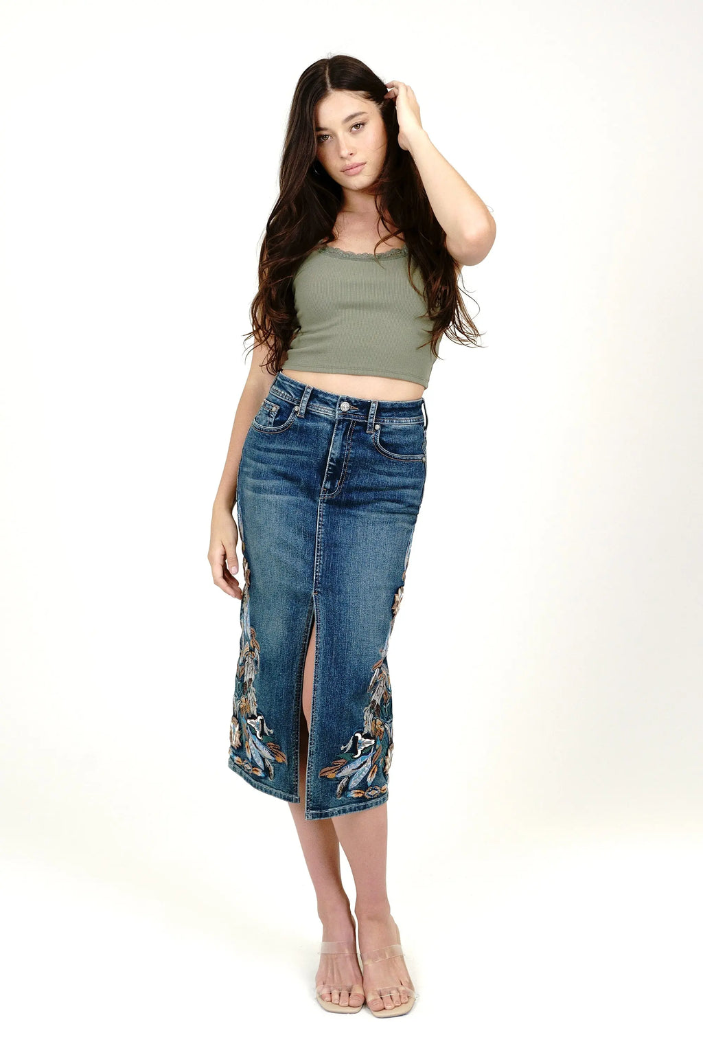 Feather Colorful Embroidery Denim Skirt Grace in LA - Denim