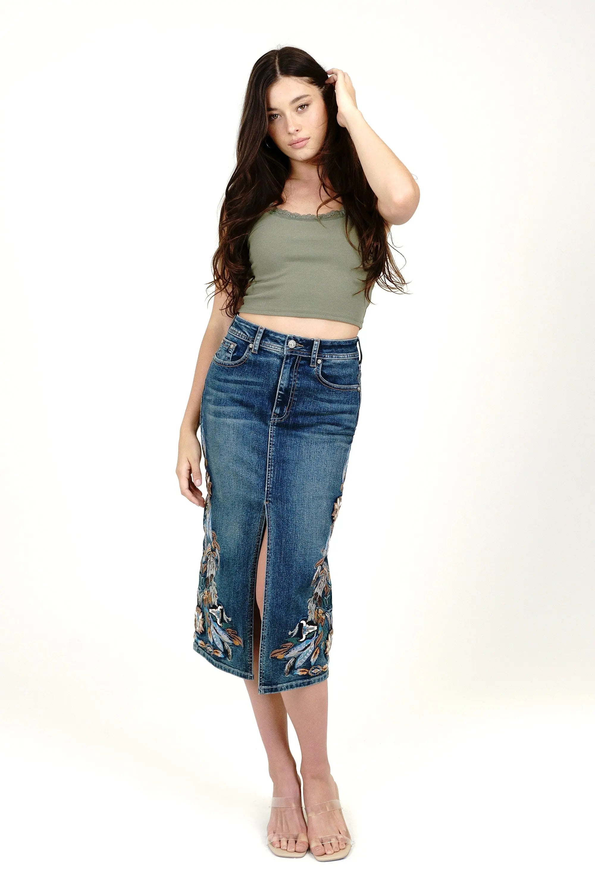 Feather Colorful Embroidery Denim Skirt Grace in LA - Denim