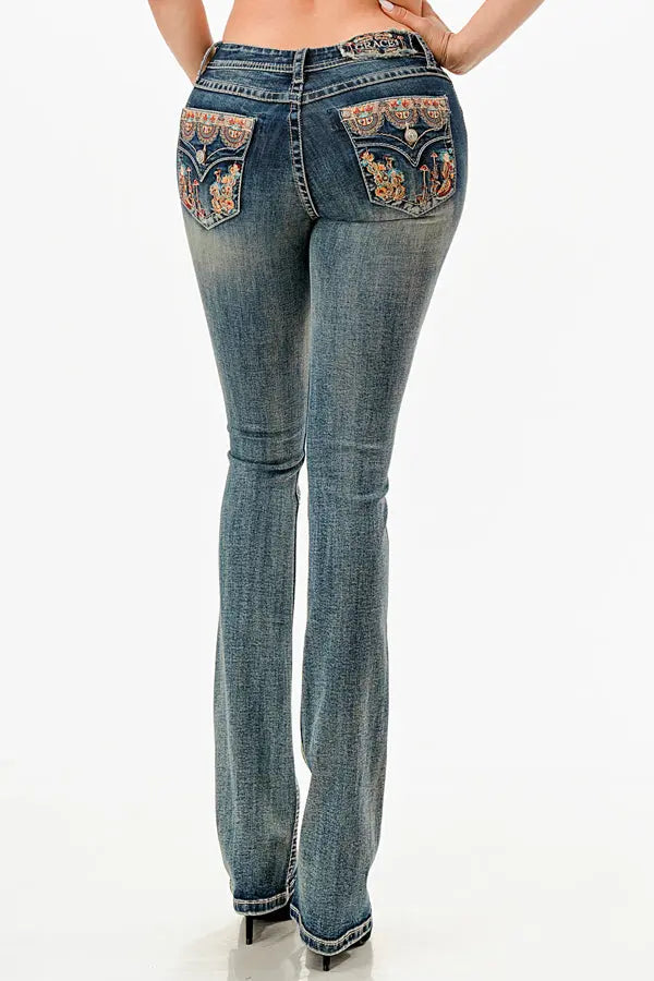 Floral Embroidered Faux Flap Mid Rise  Bootcut Jeans Grace in LA - Denim
