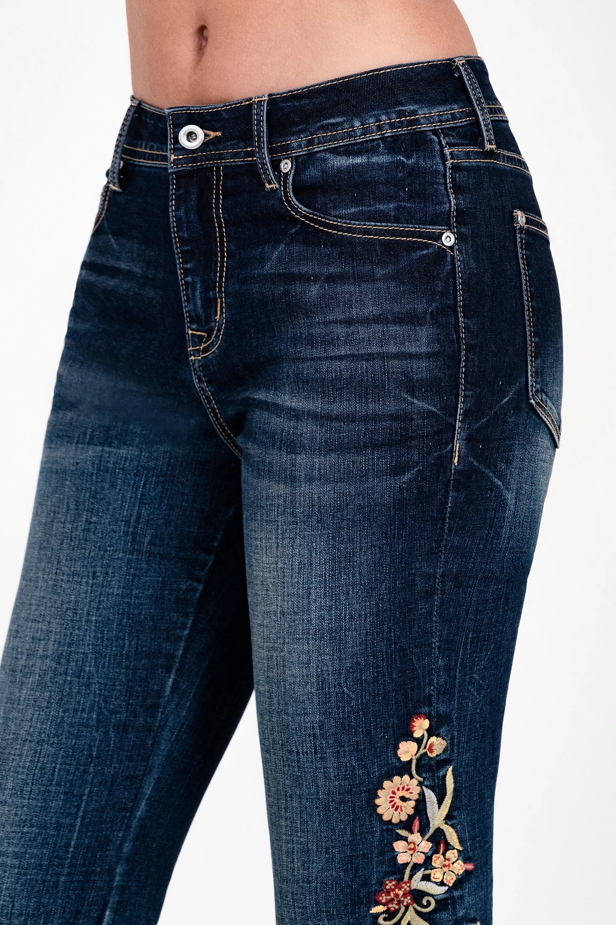 Floral Embroidery Detail High waist Flare Grace in LA - Denim