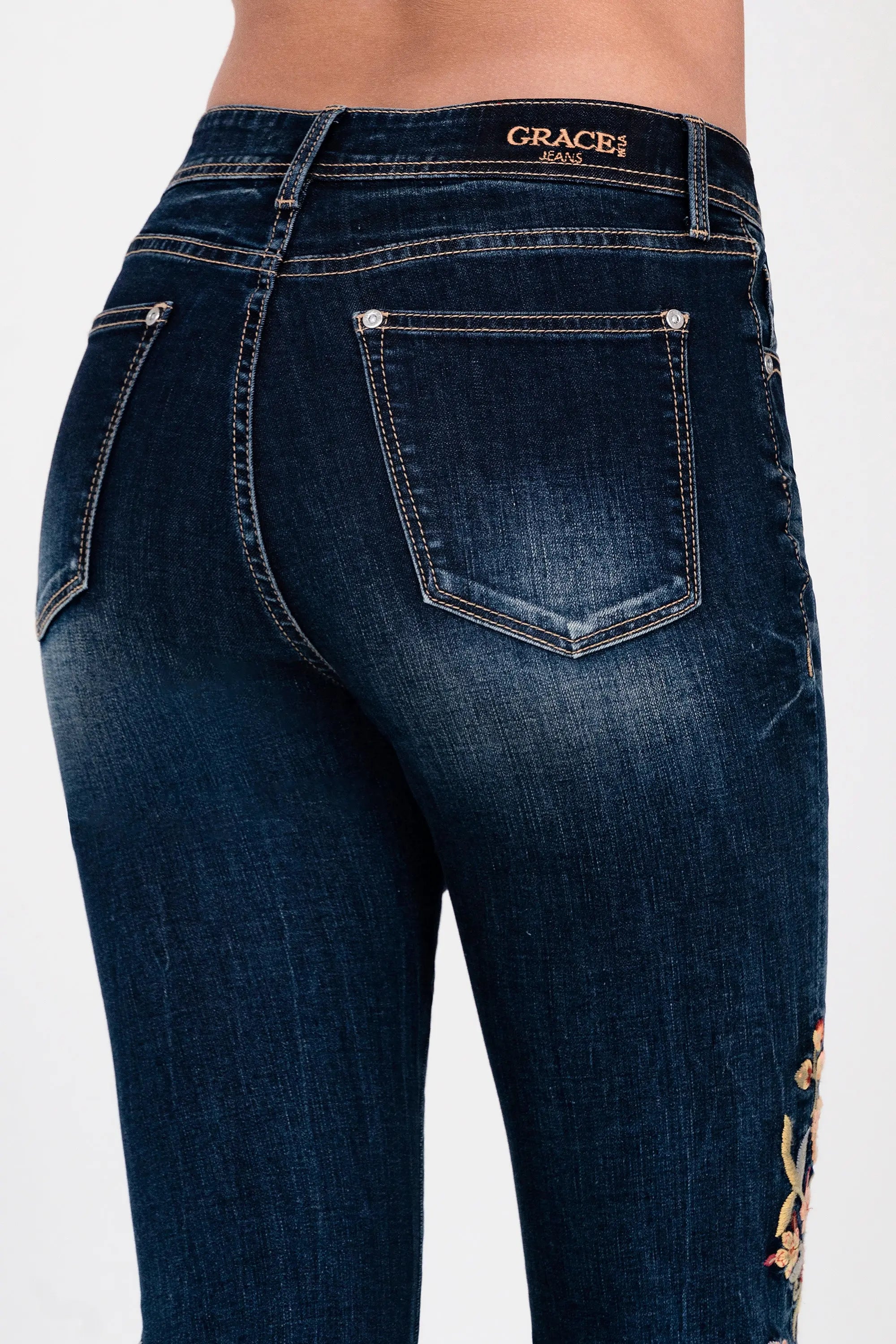 Floral Embroidery Detail High waist Flare Grace in LA - Denim