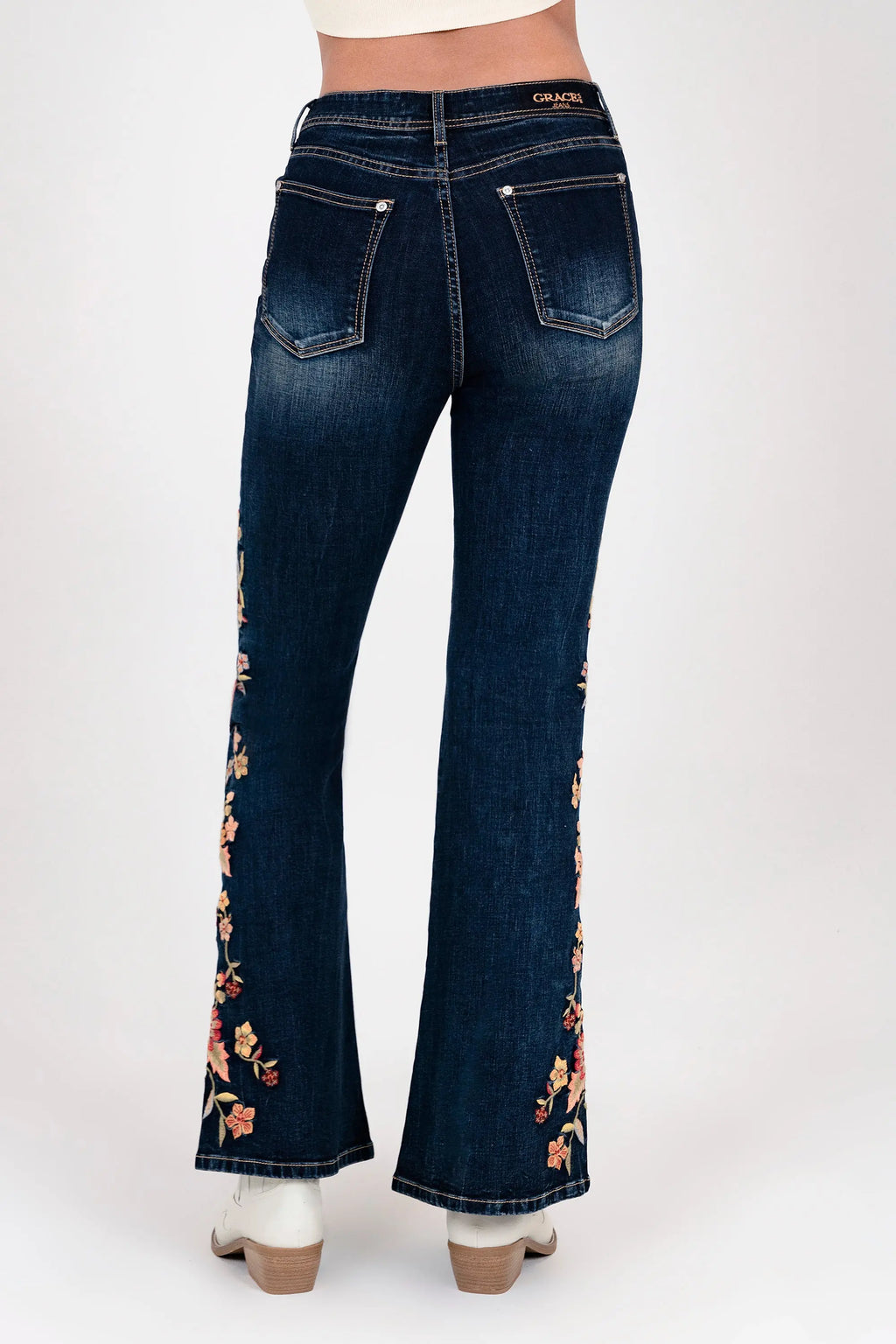Floral Embroidery Detail High waist Flare Grace in LA - Denim