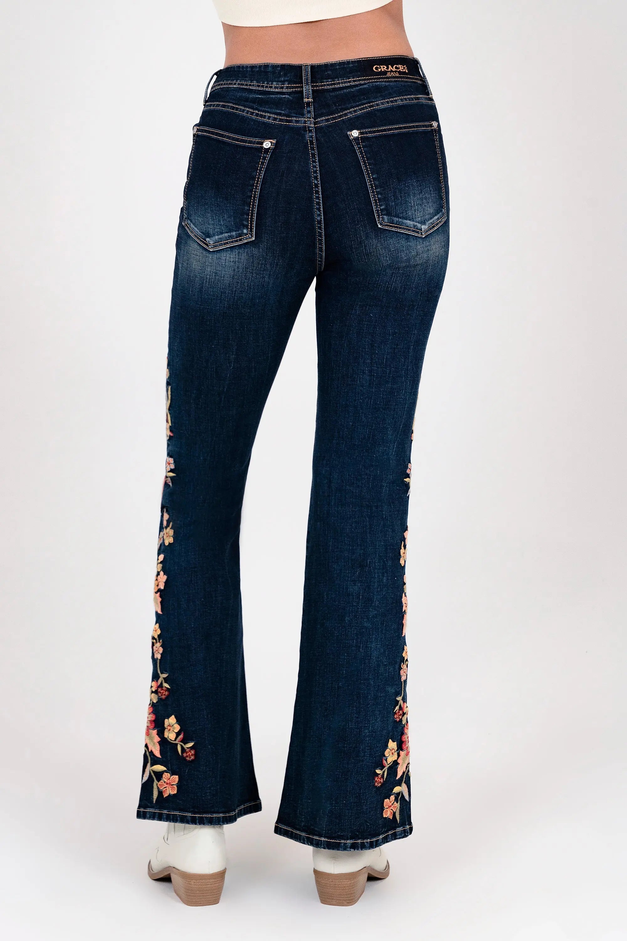 Floral Embroidery Detail High waist Flare Grace in LA - Denim