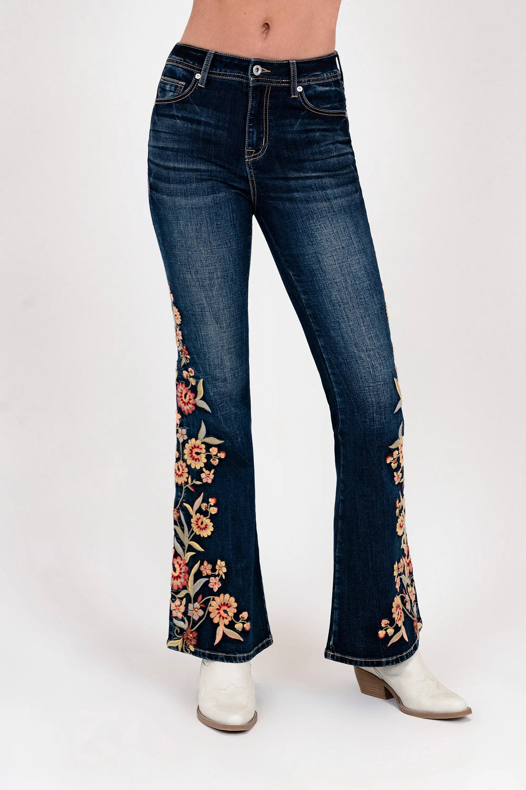 Floral Embroidery Detail High waist Flare Grace in LA - Denim