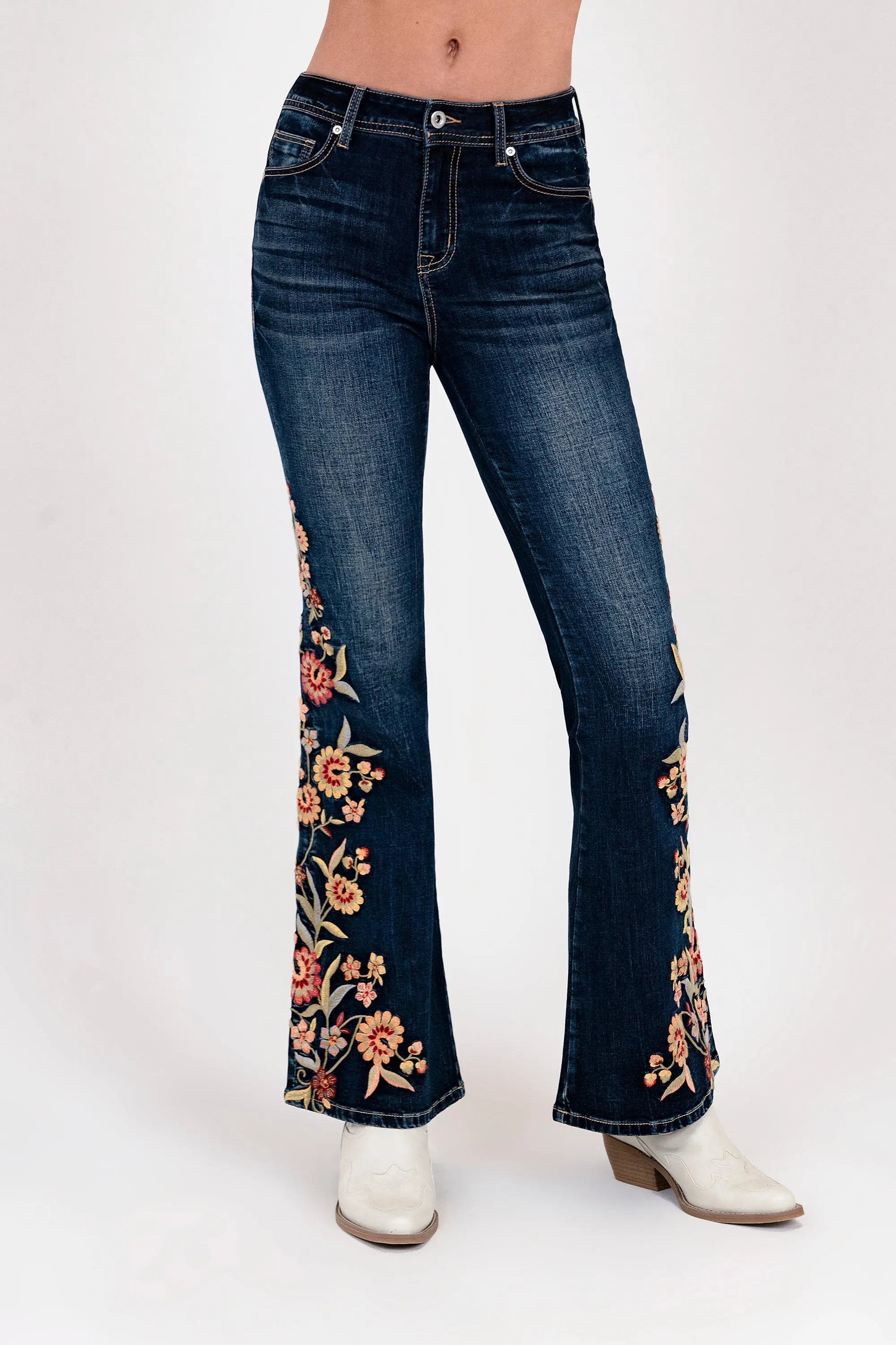 Floral Embroidery Detail High waist Flare Grace in LA - Denim