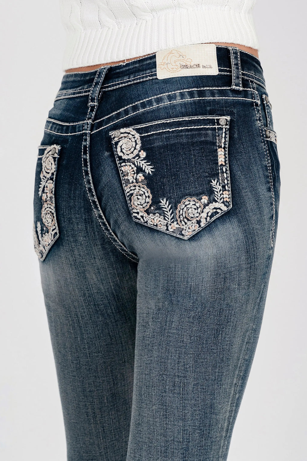 Floral Embroiderye Mid Rise Skinny Jeans Grace in LA - Denim