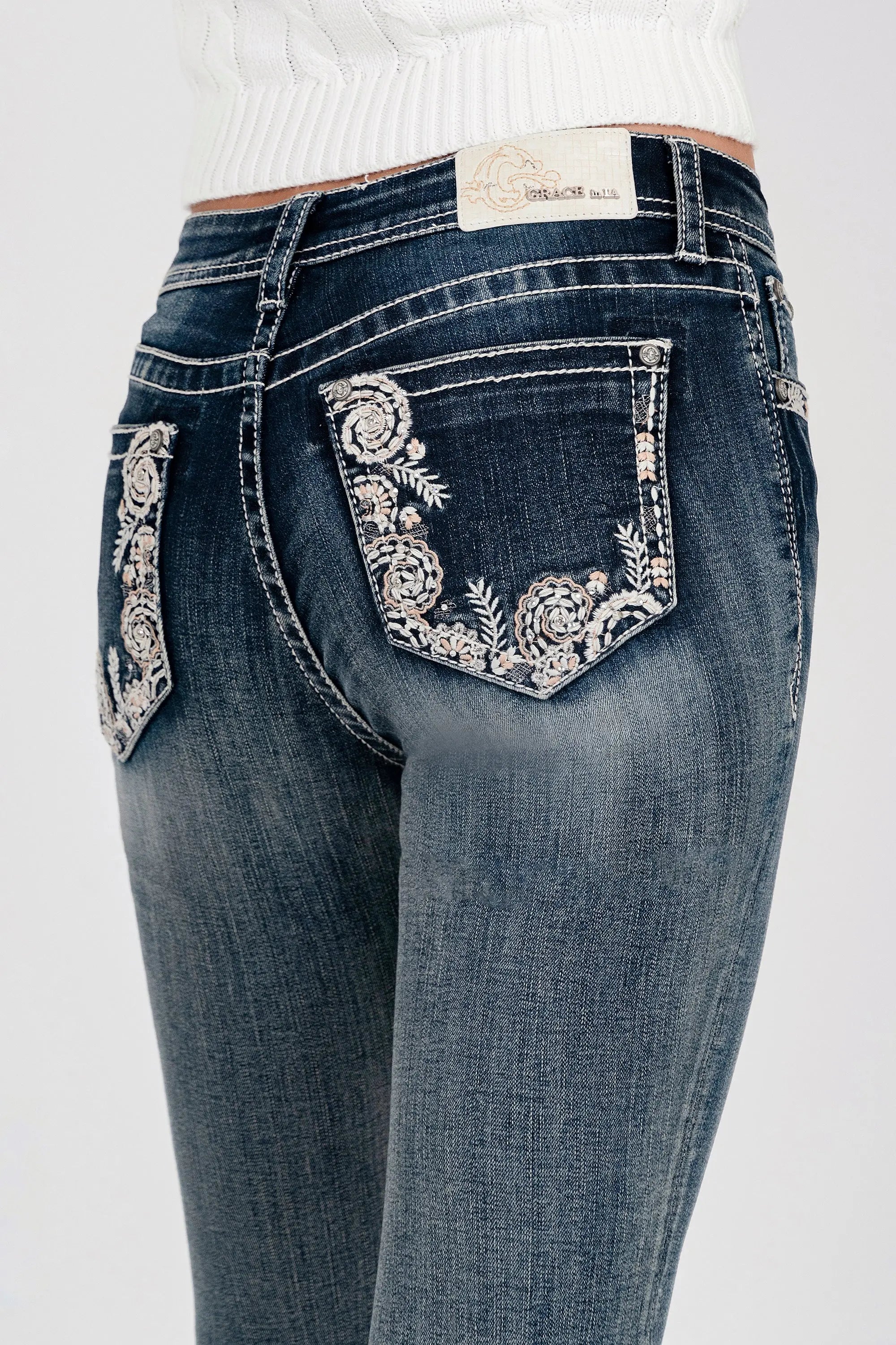 Floral Embroiderye Mid Rise Skinny Jeans Grace in LA - Denim