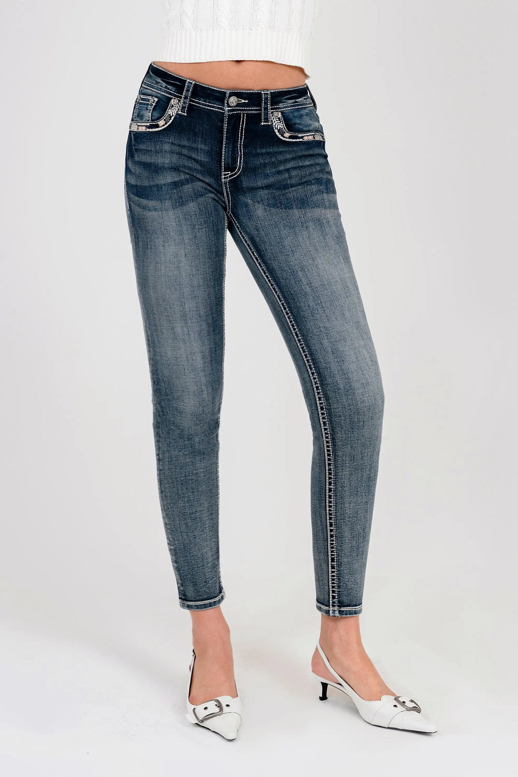 Floral Embroiderye Mid Rise Skinny Jeans Grace in LA - Denim