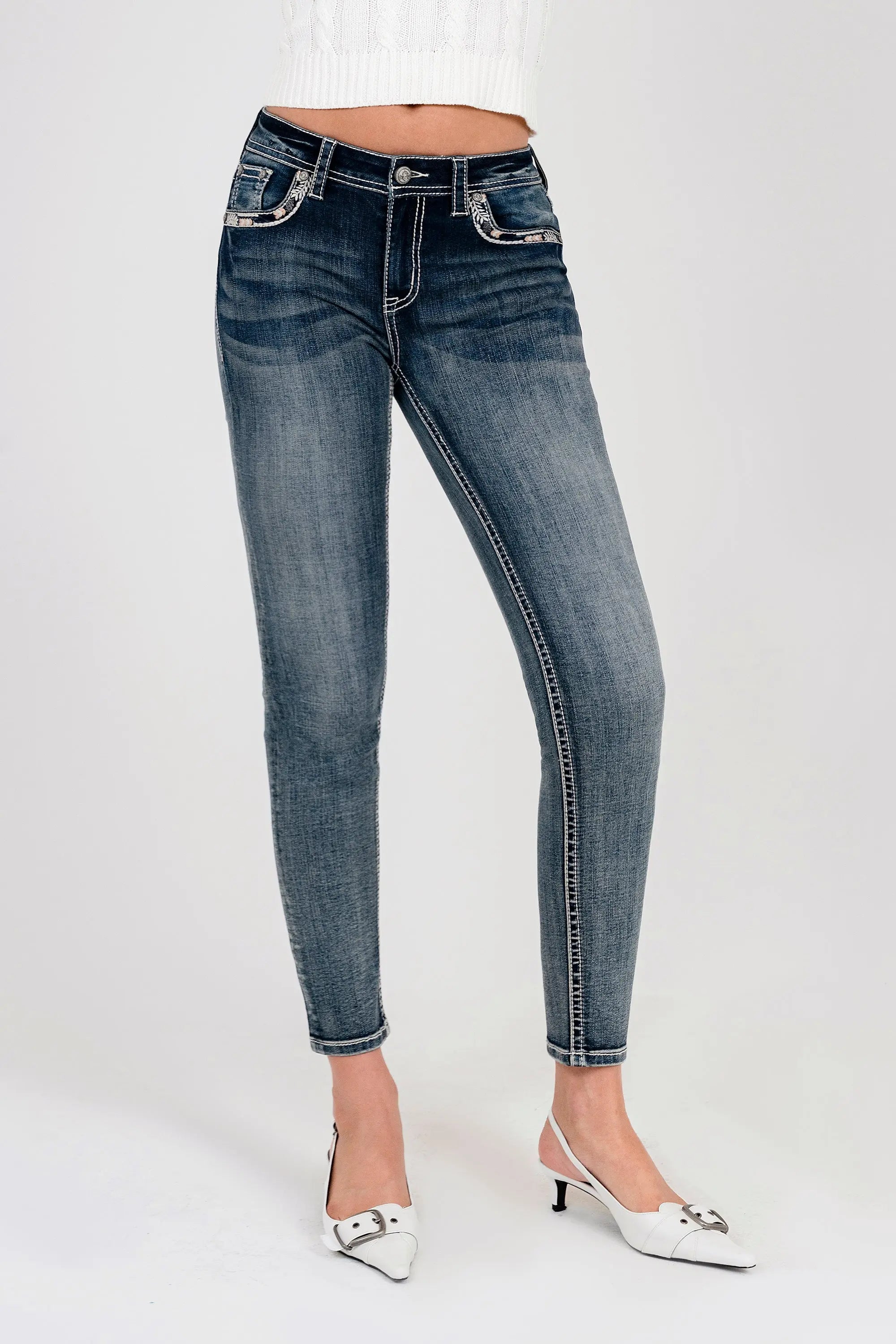 Floral Embroiderye Mid Rise Skinny Jeans Grace in LA - Denim
