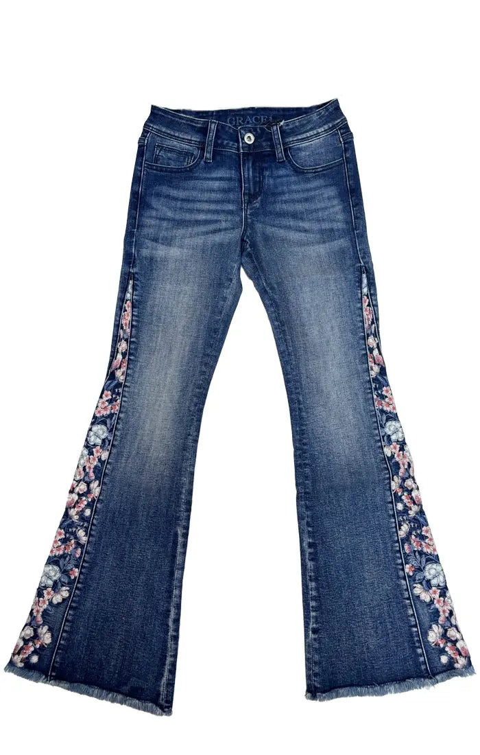 Floral Pattern Embroidered Girls Flare Jeans