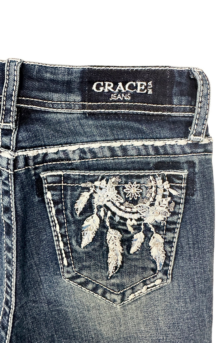 Dream Catcher Detail  Embroidery Girls Bootcut Jeans (Light Blue)