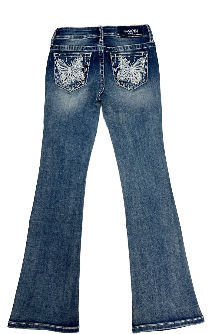 Butterfly Embroidery Girls Bootcut Jeans