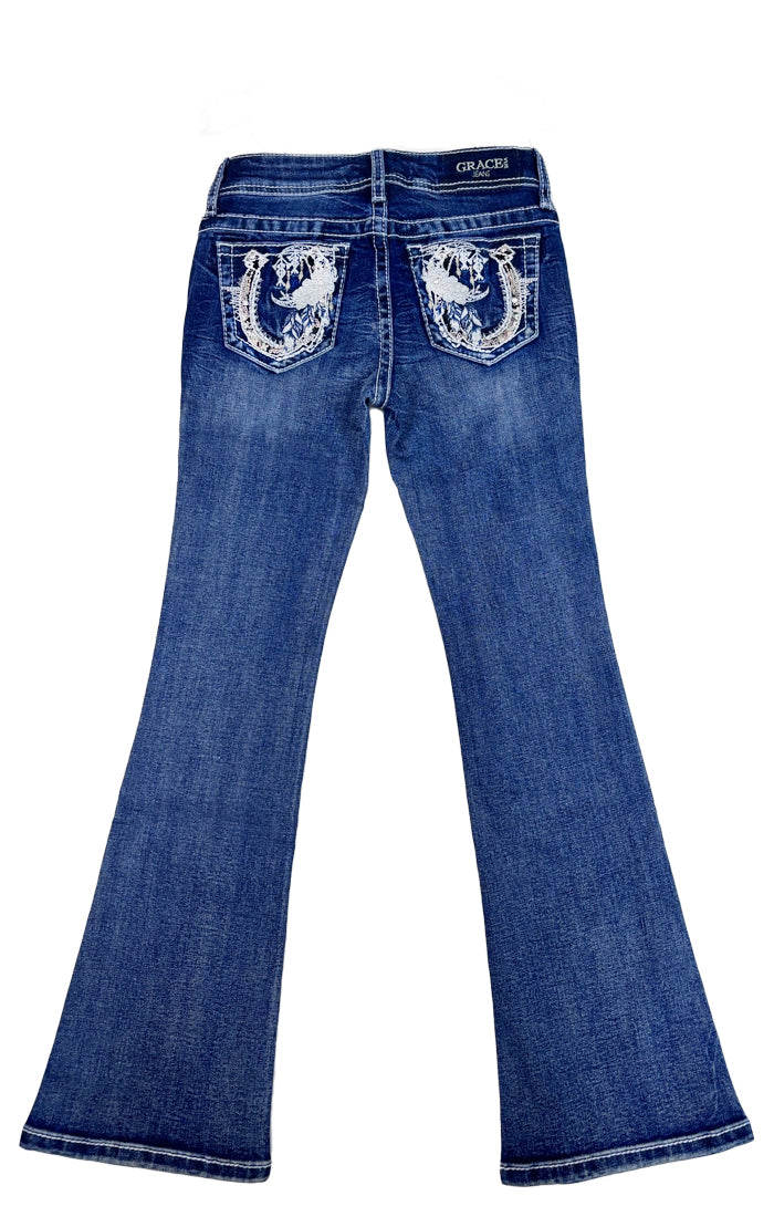 Horse Shoe Embroidery Faux Flap A little Girls Bootcut Jeans