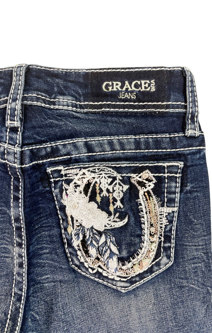 Horse Shoe Embroidery Faux Flap A little Girls Bootcut Jeans