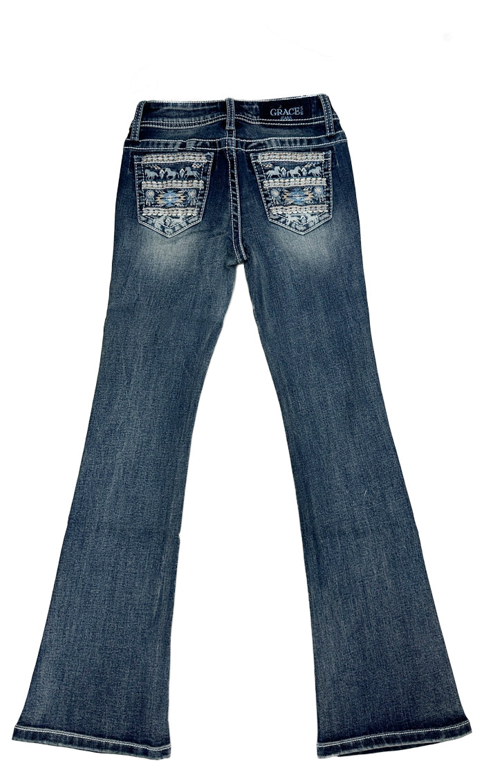 Horses Embroidery Girls Bootcut Jeans