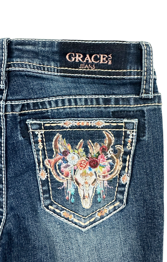 Steer Head Detail Printing Girls Bootcut Jeans