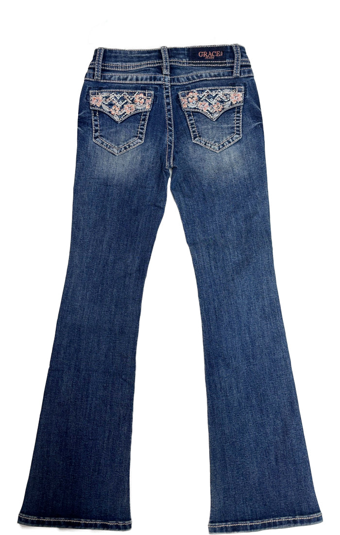 Floral Colorful Embroidery Faux Flap Girls Bootcut Jeans