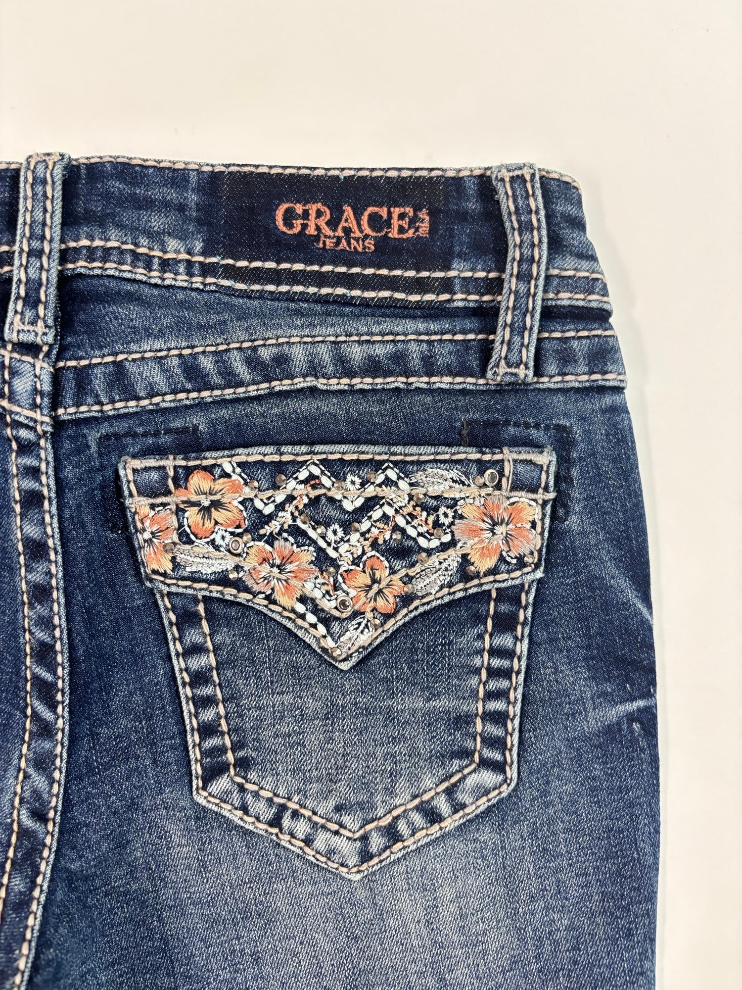 Hibiscus Flowers Embellished Pocket Jeans -    Grace in LA