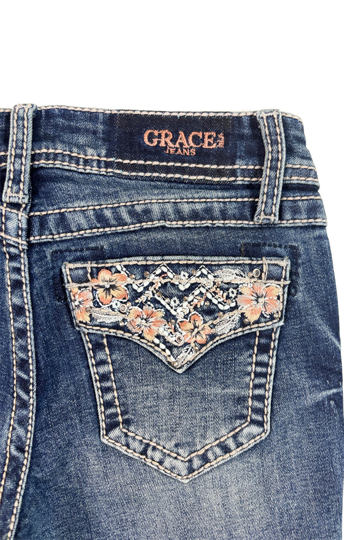 Floral Colorful Embroidery Faux Flap Girls Bootcut Jeans