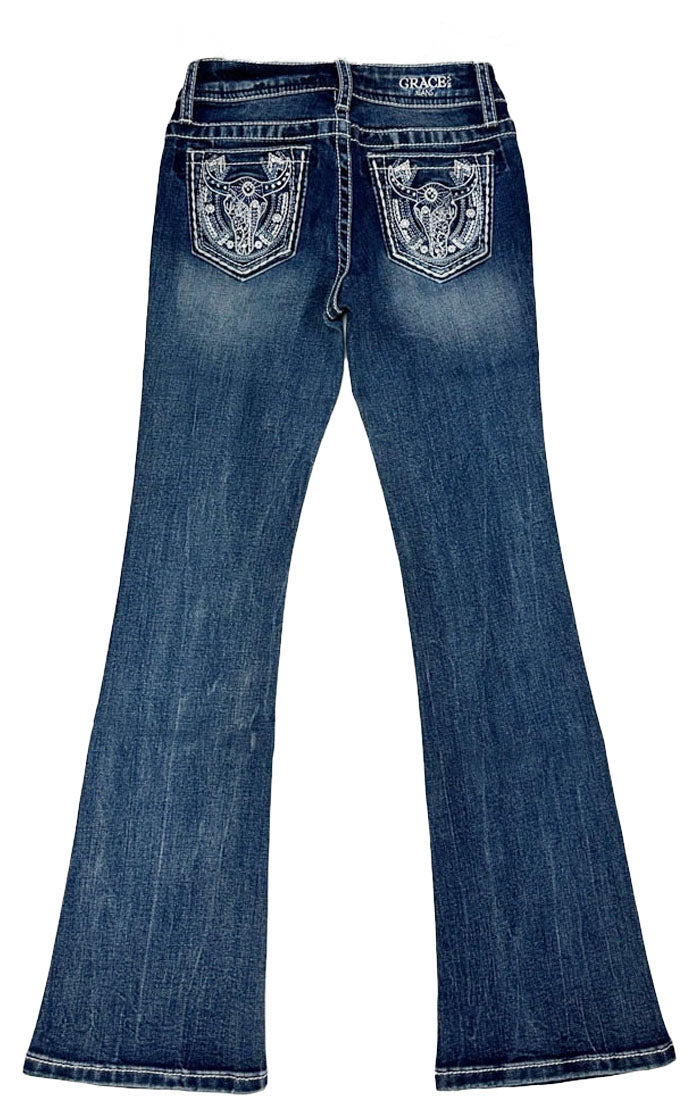 Steer Head Detail Embroidery Girls Bootcut Jeans