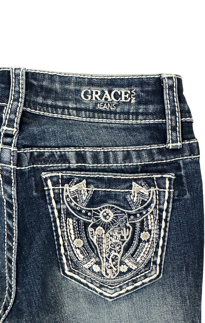 Steer Head Detail Embroidery Girls Bootcut Jeans