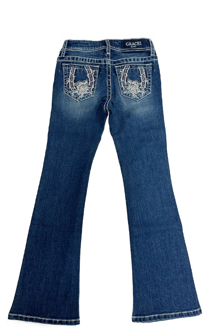 Horse Shoe /Floral Modify Embroidery Girls Bootcut Jeans